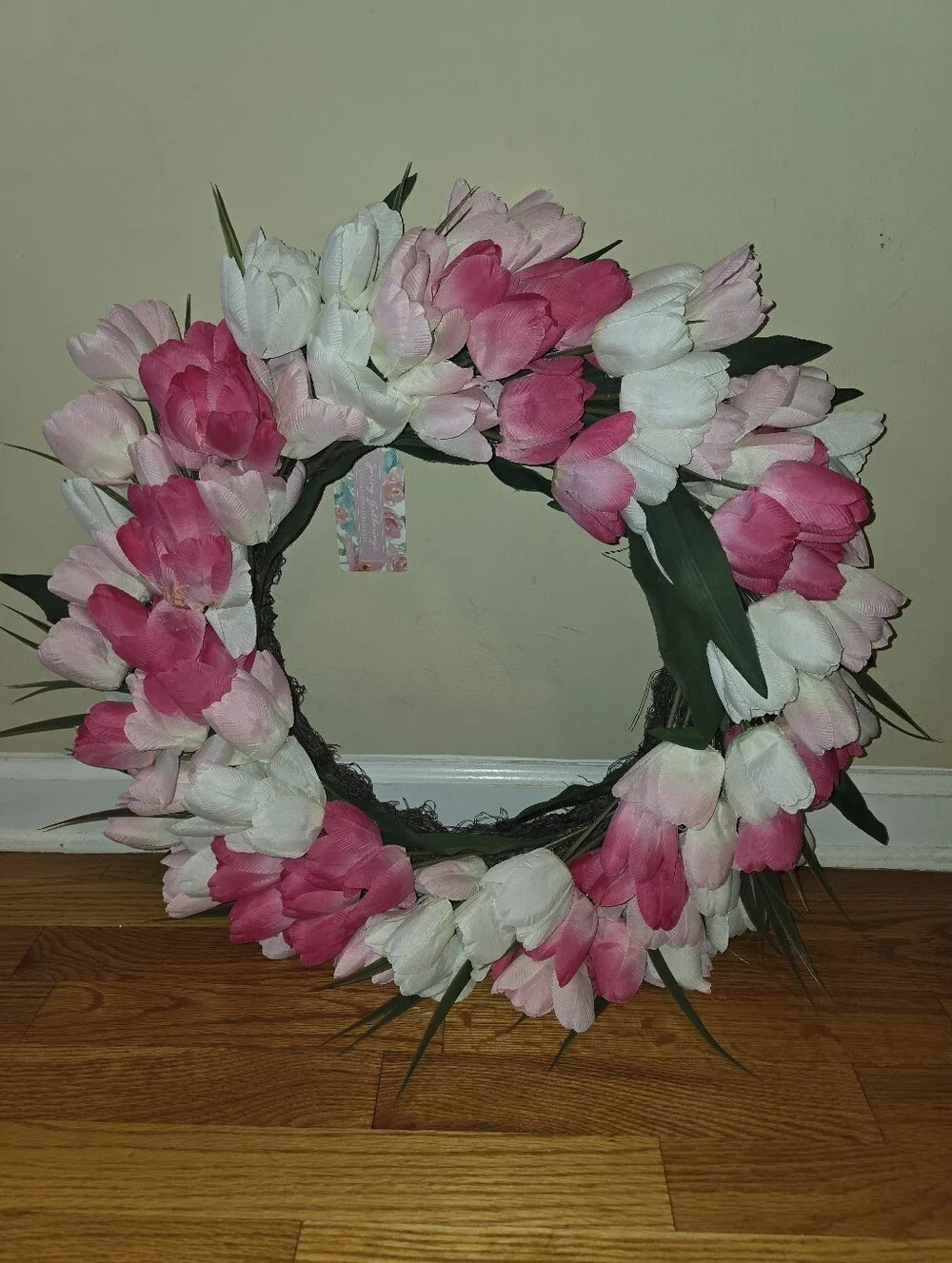 Pink & White Tulip Wreath NWT Spring Faux Florals